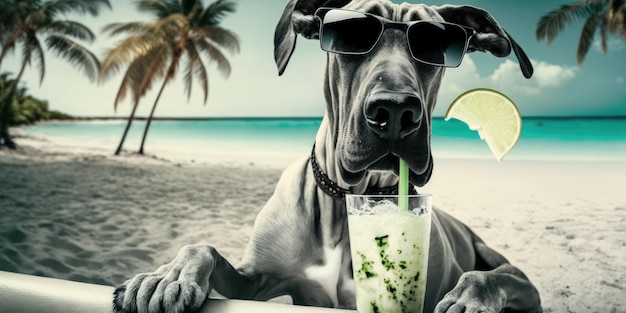 Great Dane dog is on summer vacation at seaside resort and relaxing rest on summer beach of Hawaii