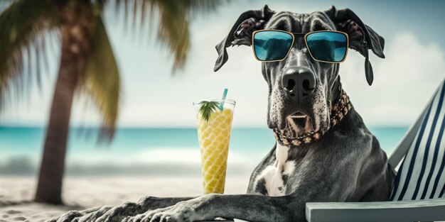 Great Dane dog is on summer vacation at seaside resort and relaxing rest on summer beach of Hawaii