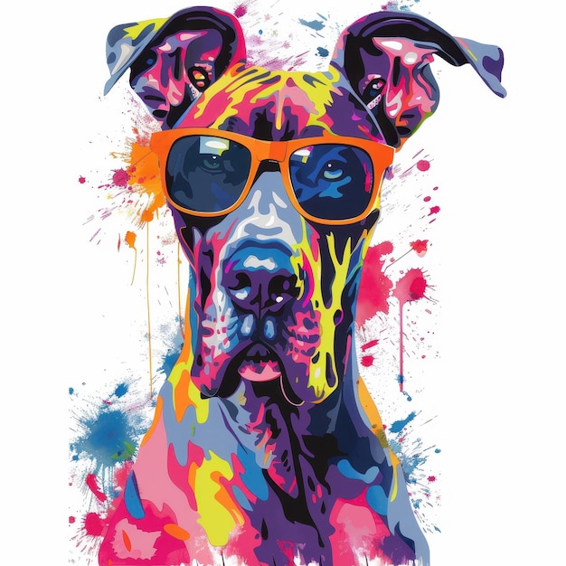 Great Dane dog wearing sunglasses in colorful pop art style