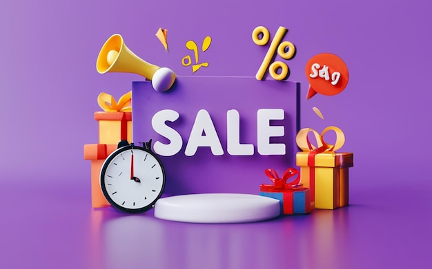 Great discount banner design with sale text phrase on purple and pink background with gift box shopp