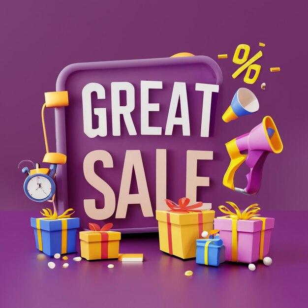 Great discount banner design with sale text phrase on purple and pink background with gift box shopp