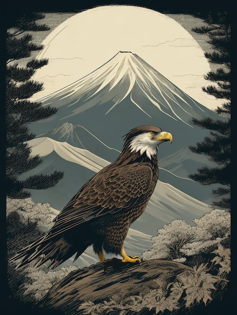 Great eagle perched on a branch with a mountain in the background