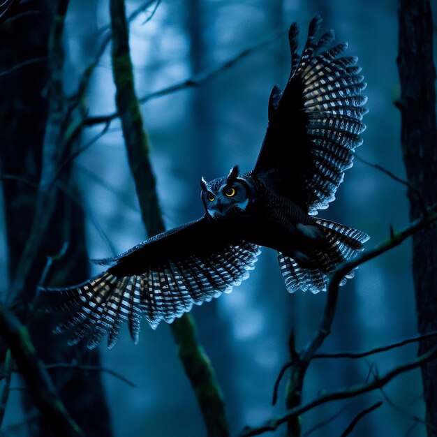 Great Horned Owl Flying Through a Forest at Night