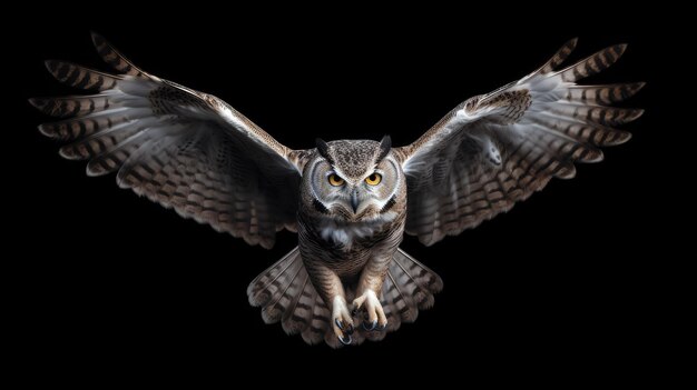 Great Horned Owl isolated on black background 3D rendering