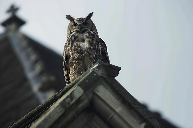 Photo great horned owl perched on a rooftop