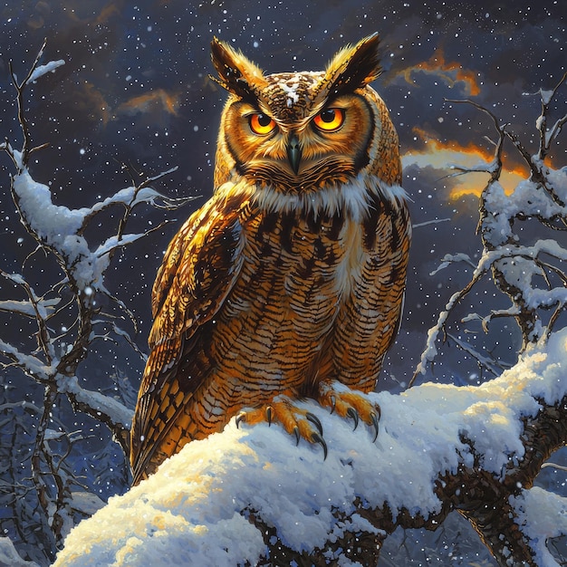 Great Horned Owl in a Snowy Forest