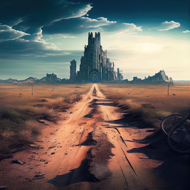 Great long road in ruined postapocalyptic city with field