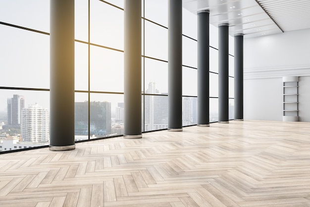 Great megapolis city skyscrapers view from huge window in empty business center hall with wooden parquet and light wall 3D rendering