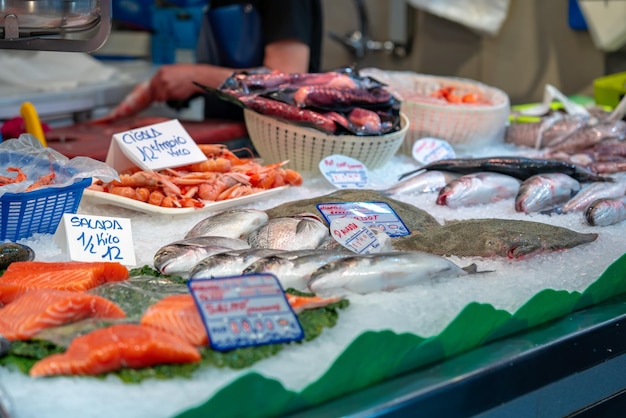 Great quantity of fresh seafood on fish market in Barcelona Spain