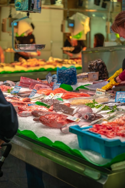 Great quantity of fresh seafood on fish market in Barcelona Spain