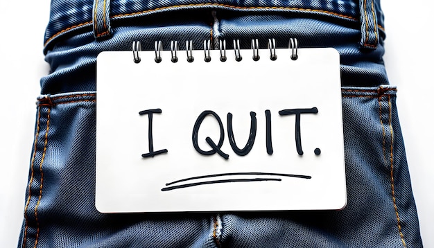 Great resignation concept The text I QUIT on a notebook on jeans on a white background isolated