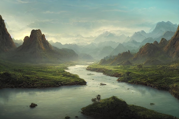 Great River and Mountain in Beautiful Valley and Plain Illustration Background Image