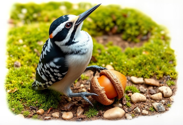 Great spotted woodpecker eating an acorn on the ground