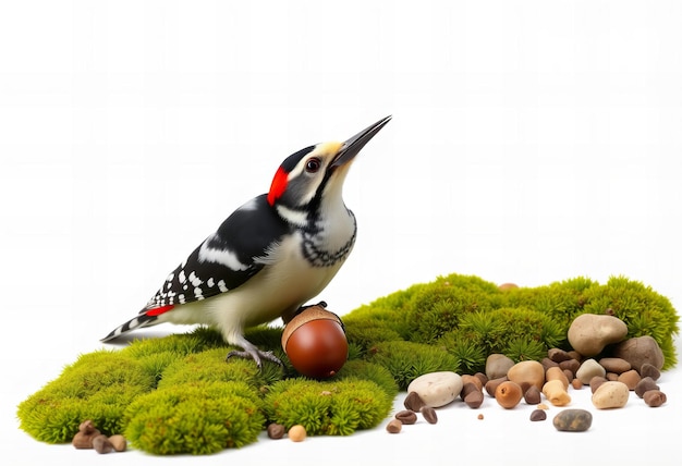 Great spotted woodpecker eating an acorn on the ground