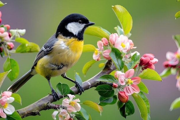 Great tit bird perched on apple tree branch in spring