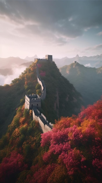 The great wall of china is seen from the mountains.