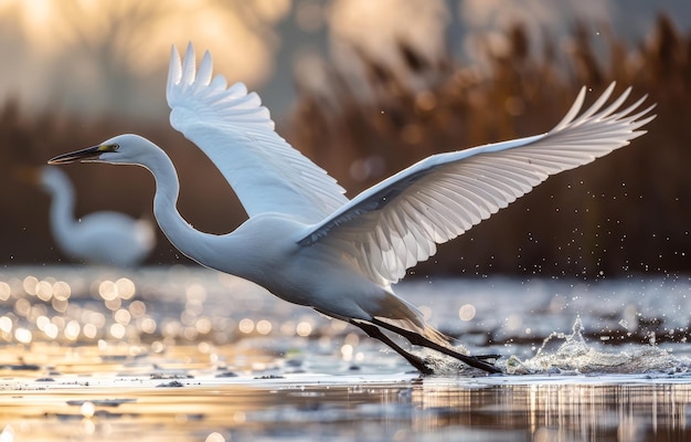 Great white egret taking off from the water ardea alba detail wildlife