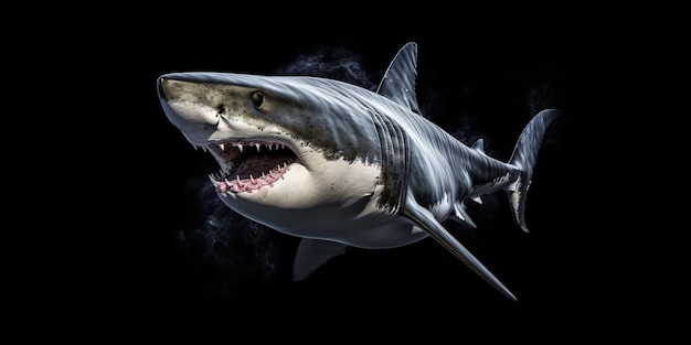 Great White Shark Isolated on Black Background Generative AI