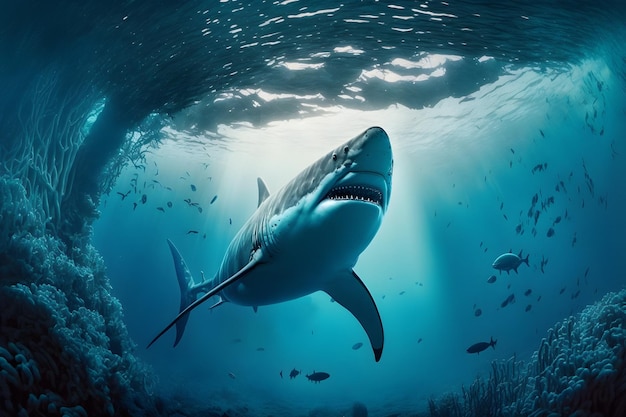 Great white shark posing in deep blue water.