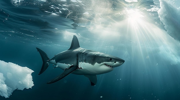 Great white shark and sun rays snow and ice Generative Ai