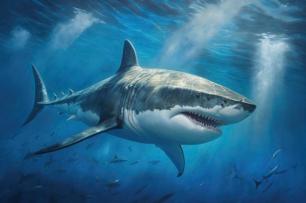 A great white shark swimming in the ocean a photorealistic painting