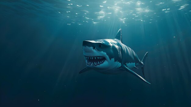 Great white shark swims through the deep blue water