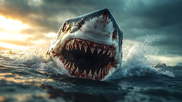 Photo great white shark with open mouth and sharp teeth emerges from the water with a cloudy sky behind