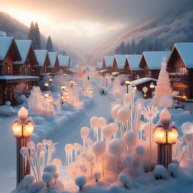 Great winter landscape with snow covered houses and Orange Street Lamps