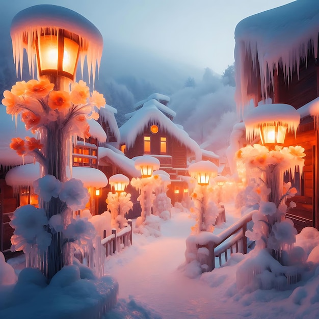 Great winter landscape with snow covered houses and Orange Street Lamps