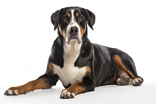 A Greater Swiss Mountain Dog isolated on white plain background