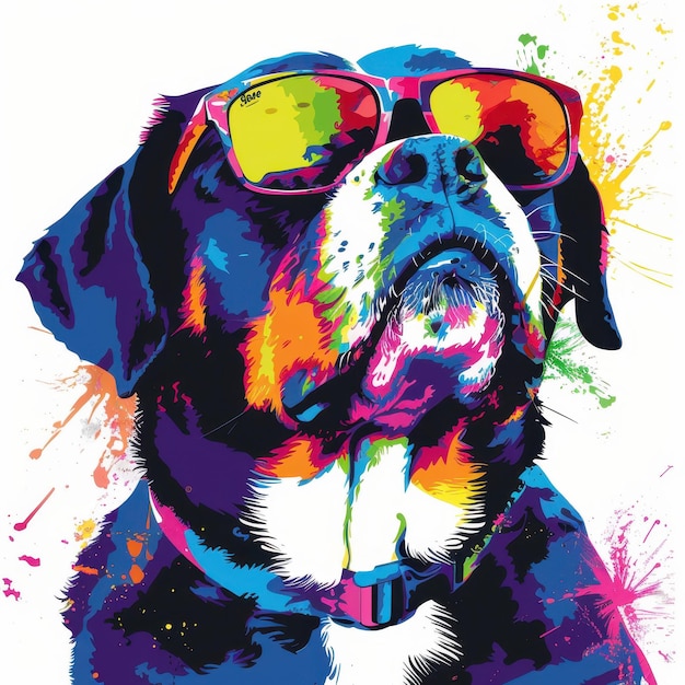 Greater Swiss Mountain dog wearing sunglasses in colorful pop art style