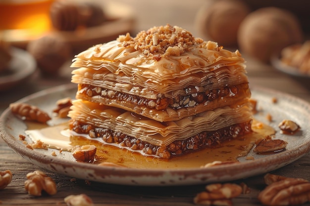 Greece Baklava Diamondshaped pieces of flaky pastry layered with chopped nuts and honey syrup serv