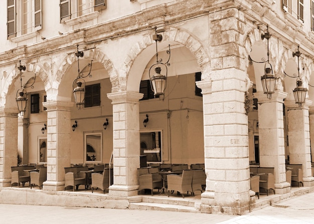 Greece Corfu Corfu town An openair cafe Sepia