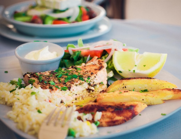 Greece food Grilled salmon and vegetables