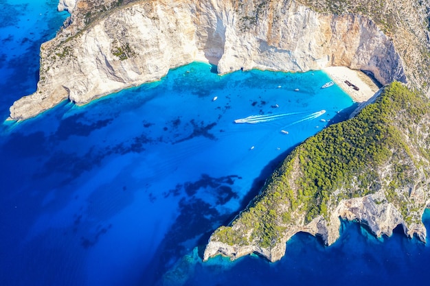 Greece iconic vacation picture Aerial drone view of the famous Shipwreck Navagio Beach on Zakynthos island Greece