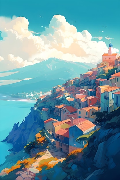 Greece landscape vibrant colors hand drawn style illustration