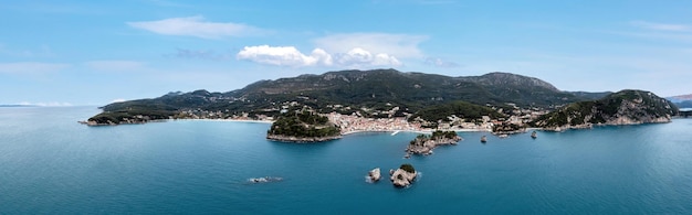 Greece Parga coast Aerial panoramic drone view of city the Castle and Panagia island