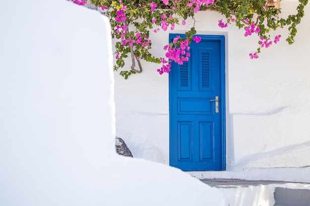 Greece Santorini travel vacation Looking scenic view famous travel destination blue door flowers