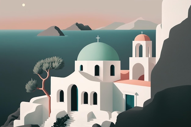 Greece Tourist postcard of landscape topics simple flat design in pastel tones AI generated