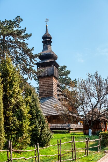 Greek-Catholic Church of the Holy Archangel Michael. Museum of Folk Architecture in Uzhhorod in 1974. Built in 1777 without any iron nail. Ukraine.