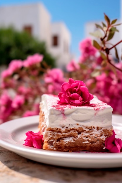 Greek dessert Closeup in a greek village with blooming bougainvillea Generative AI