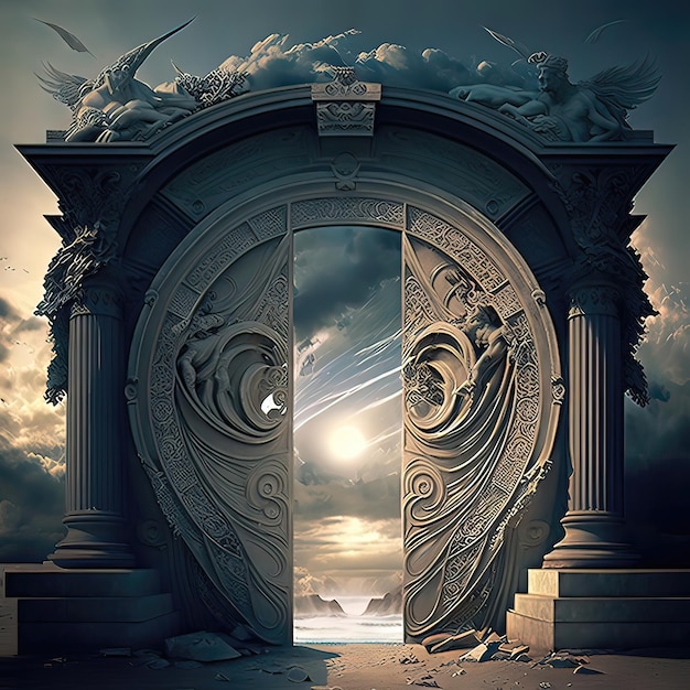 Greek gate with iron wings leads to the olympus greek gate with iron wings leads to the olympus Magical portal to another world Heaven and hell Afterlife Generative of AI