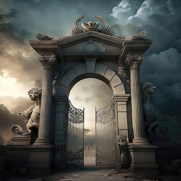 Greek gate with iron wings leads to the olympus greek gate with iron wings leads to the olympus Magical portal to another world Heaven and hell Afterlife Generative of AI