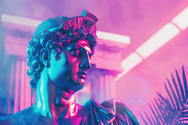 Photo greek god sculpture in retrowave city pop design isolated on white background