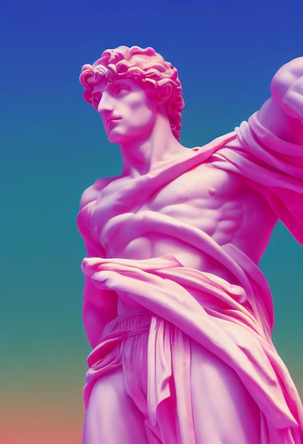 Greek god sculpture in retrowave city pop design vaporwave style colors 3d rendering