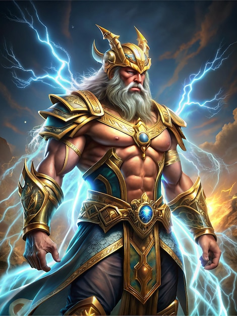 Greek god Zeus in golden armor against the background of lightning