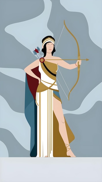 Greek goddess Artemis with a bow and arrow in her hand is holding a bow