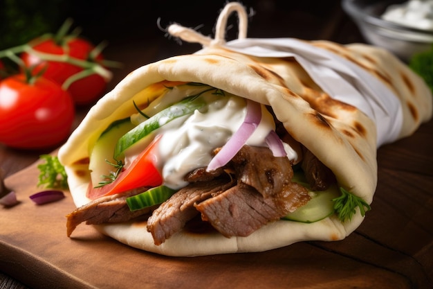 Greek gyro sandwich with juicy seasoned meat fresh vegetables and creamy tzatziki sauce wrapped