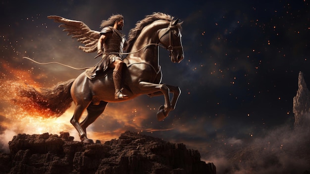 Greek hero embarks on perilous quest majestic winged horse celestial backdrop