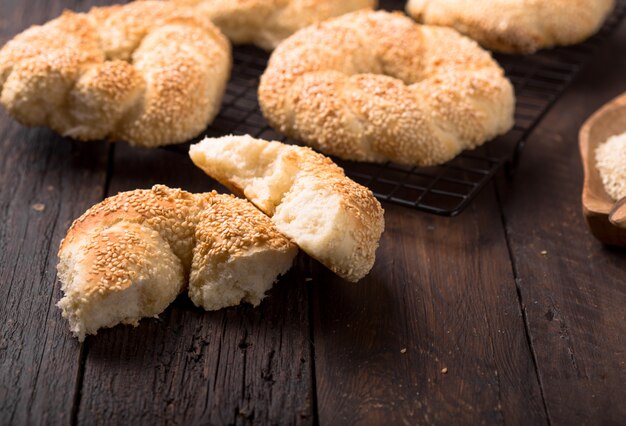 Greek koulouri or Turkish bagels with sesame seeds